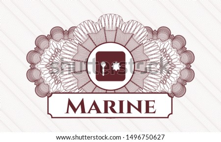 Red rosette or money style emblem with safe, safety deposit box icon and Marine text inside