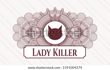 Red rosette (money style emblem) with cat face icon and Lady Killer text inside