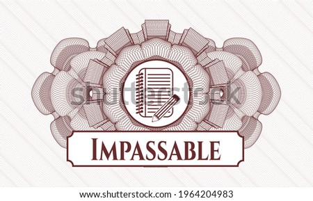 Red rosette (money style emblem). Vector Illustration. Detailed with notebook with pencil icon and Impassable text inside