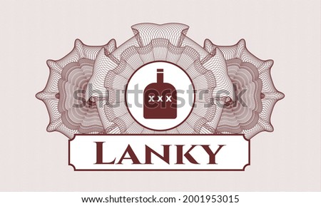 Red rosette (money style emblem). Vector Illustration. Detailed with bottle of alcohol icon and Lanky text inside