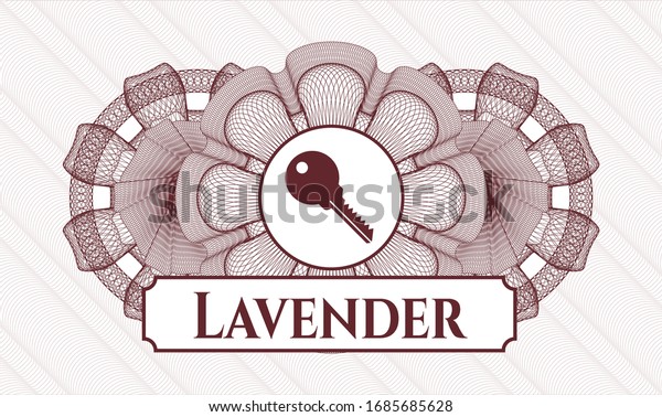 Red rosette or money style emblem with key icon\
and Lavender text inside