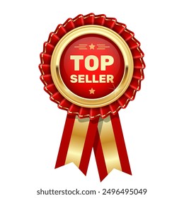 Roseta roja Top seller, insignia de oro o medalla con la palabra topseller, pin de producto popular, Vector