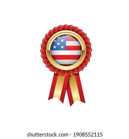 Rosette rojo con bandera de los Estados Unidos en placa dorada, icono de premio americano o símbolo de calidad con bandera de los Estados Unidos de América