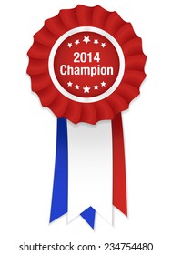 Red rosette with white label 2014 champion and tricolor ribbon