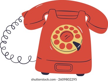 A red rotary phone is shown with a coiled cord, depicted in a bold, flat style.  The image displays an old-fashioned telephone instrument with a circular dial and receiver.
