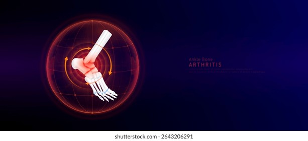 Seta vermelha girando ao redor da inflamação da cartilagem articular do tornozelo na cúpula sobre fundo azul. Artrite e osteoartrite. Anatomia do esqueleto do pé humano. Conceito de ciência médica. Vetor EPS10.