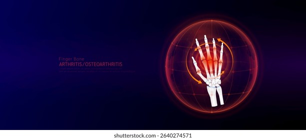 Red rotating arrow around finger joint cartilage inflammation in dome on blue background. Arthritis and osteoarthritis. Human hand skeleton anatomy. Medical science concept. Vector EPS10.