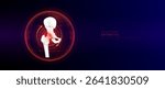 Red rotating arrow around hip joint cartilage inflammation in dome on blue background. Arthritis and osteoarthritis. Human femur skeleton anatomy. Medical science concept. Vector EPS10.