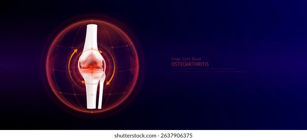 Red rotating arrow around knee joint cartilage inflammation in dome on blue background. Arthritis and osteoarthritis. Human leg skeleton anatomy. Medical science concept. Vector EPS10.