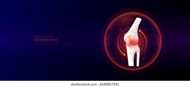 Red rotating arrow around knee joint cartilage inflammation in dome on blue background. Arthritis and osteoarthritis. Human leg skeleton anatomy. Medical science concept. Vector EPS10.
