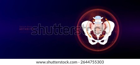 Red rotating arrow around sacrum joint cartilage inflammation in dome on blue background. Arthritis and osteoarthritis. Human pelvis skeleton anatomy. Medical science concept. Vector EPS10.