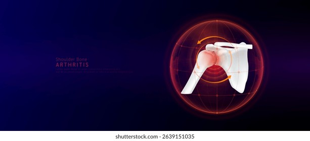 Red rotating arrow around shoulder joint cartilage inflammation in dome on blue background. Arthritis and osteoarthritis. Human arm skeleton anatomy. Medical science concept. Vector EPS10.