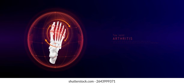 Red rotating arrow around toe joint cartilage inflammation in dome on blue background. Arthritis and osteoarthritis. Human foot skeleton anatomy. Medical science concept. Vector EPS10.