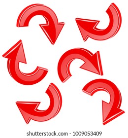 Red rotation arrows. 3d shiny web icons set. Vector illustration isolated on white background