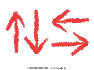 Red rough brush arrows point up, down, left and right on a white background, conveying direction, movement, choice and navigation with a hand-drawn, textured, energetic graphic style for signage or design.
