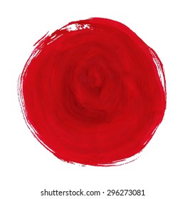 Red rough circle on white background. Round red grungy background 