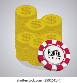 red roulette tab  and coins group on gray background degrade