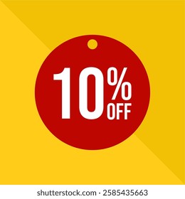 Red round 10% off tag on yellow background - limited time promotion. Red ten percent off tag