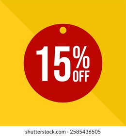 Red round 15% off tag on yellow background - limited time promotion. Red fifteen percent off tag