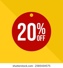 Red round 20% off tag on yellow background - limited time promotion. Red twenty percent off tag