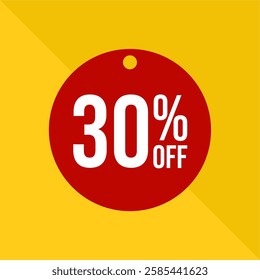 Red round 30% off tag on yellow background - limited time promotion. Red thirty percent off tag