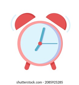 Reloj rojo de alarma con flechas y campanas encima. Imagen vectorial aislada de un reloj sobre un fondo blanco.