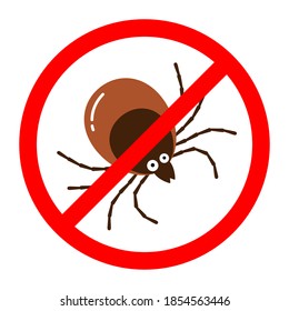 Red round anti tick warning sign with detailed tick insect bug.