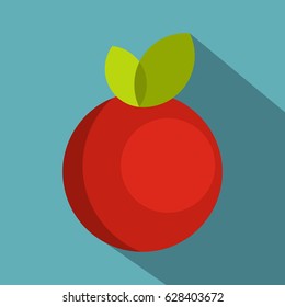 Red round apple with leaves icon. Flat illustration of red round apple with leaves vector icon for web on baby blue background