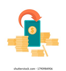 Red round arrow, mobile phone, stack of coins isolated on white. Cashback concept. Colorful flat vector illustration.