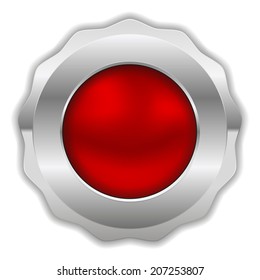 Red round badge with chrome border on white background