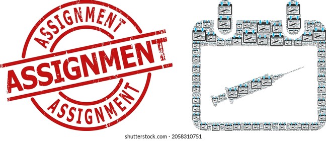 Red round badge has Assignment caption inside circle. Vector vaccination calendar collage is done of randomized recursive vaccination calendar parts. Grunge Assignment badge,