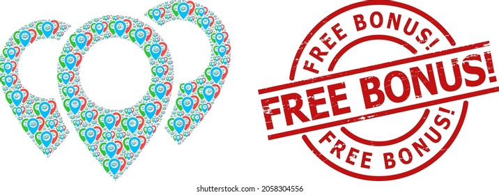 Red round badge has Free Bonus Exciting. tag inside circle. Vector map pointers collage is designed from repeating fractal map pointers icons. Grunge Free Bonus Exciting. badge,