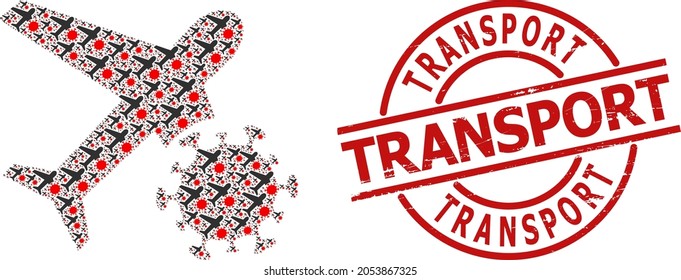 Red round badge has Transport title inside circle. Vector infected airplane fractal is composed from scattered itself infected airplane pictograms. Scratched Transport badge,