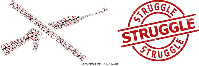 Red round badge includes Struggle caption inside circle. Vector stop kalashnikov gun mosaic is done from random recursive stop kalashnikov gun icons. Scratched Struggle badge,
