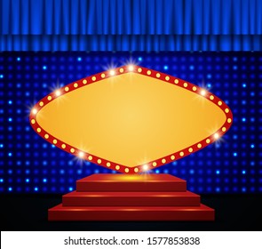 Red round banner on scene with stage podium and blue curtain. Vector illustration