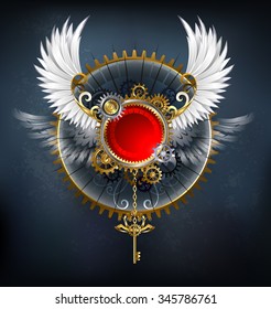 Red round banner with white wings and golden key on dark background.