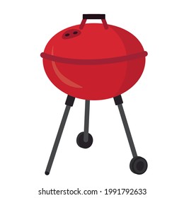 Red Round Barbecue Grill Isolated On A White Background. Outdoor Grill With Lid For Picnic, Summer, Grilled Meat And Vegetables