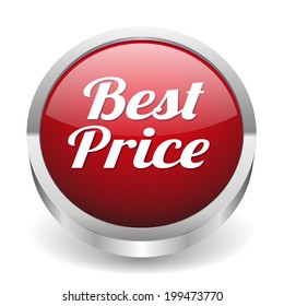 Red round best price button with metallic border on white background