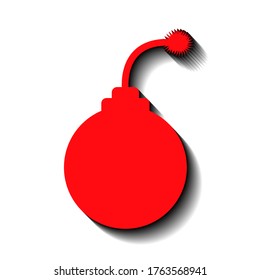 Rote runde Bombe mit einem Haken auf weißem Hintergrund und schwarzem Schatten, Designzeichen, Vektorgrafik
