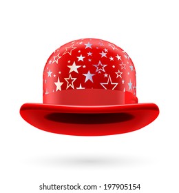 Red round bowler hat with silver glistening stars.
