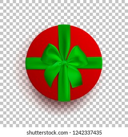 Red round box with green ribbon and bow isolated on transparent background. Box cover top view. Template for your presentation design, banner, brochure or poster. Vector illustration.