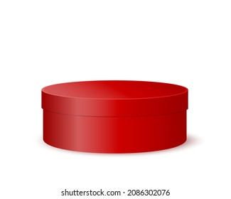 Red round box. Plastic, tin or cardboard package for product design. Container for gift, hat, cookies, cosmetics isolated on white background. Vector realistic illustration.