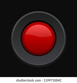 Red round button. 3d push button on black background. Vector illustration