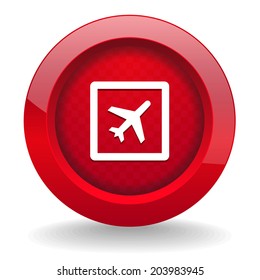 Red round button with airport icon on white background