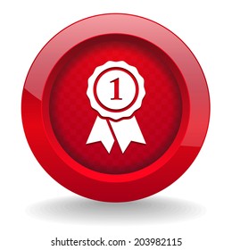 Red round button with badge icon on white background
