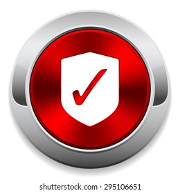 Red round button with shield icon and metallic border