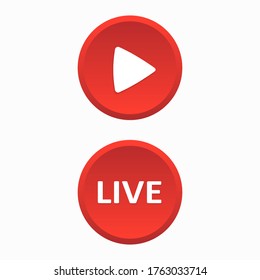 Red round buttons Live and play. Blogging, streaming, online training, courses, channel design. User interface. Social media concept. Vector illustration