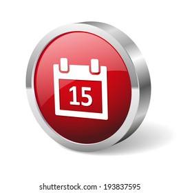 Red round calendar button with metallic border on white background