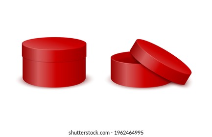 Red round cardboard boxes mockup. Closed and open cylinder packages isolated on white background. Containers for gift, hat, cosmetics, cookies. Vector realistic illustration.