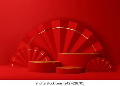 Red round chinese podium stage with golden fans and rings, vector Lunar New Year product display. 3d stand, pedestal or presentation platform with realistic oriental folding paper fans and cylinders